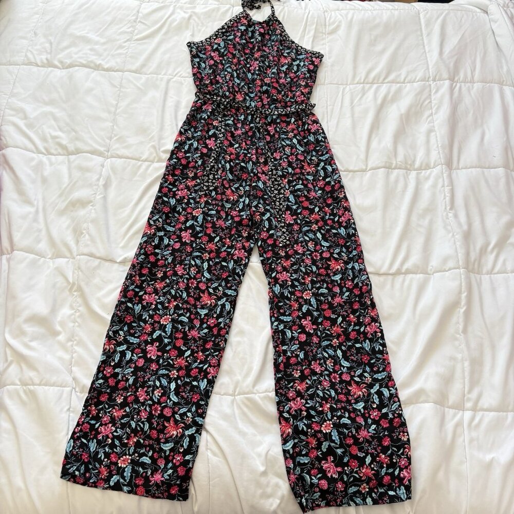 Kingston Gray Jumpsuit Womens Large Floral Black Tie Halter Whimsy Hippie Boho